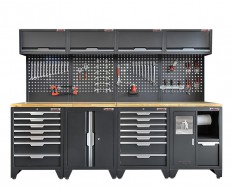 Gereedschapskasten set wandlengte 272 cm. tweedeurs kast, 7 laden kasten, hangkasten, gereedschapsbord, matzwart .